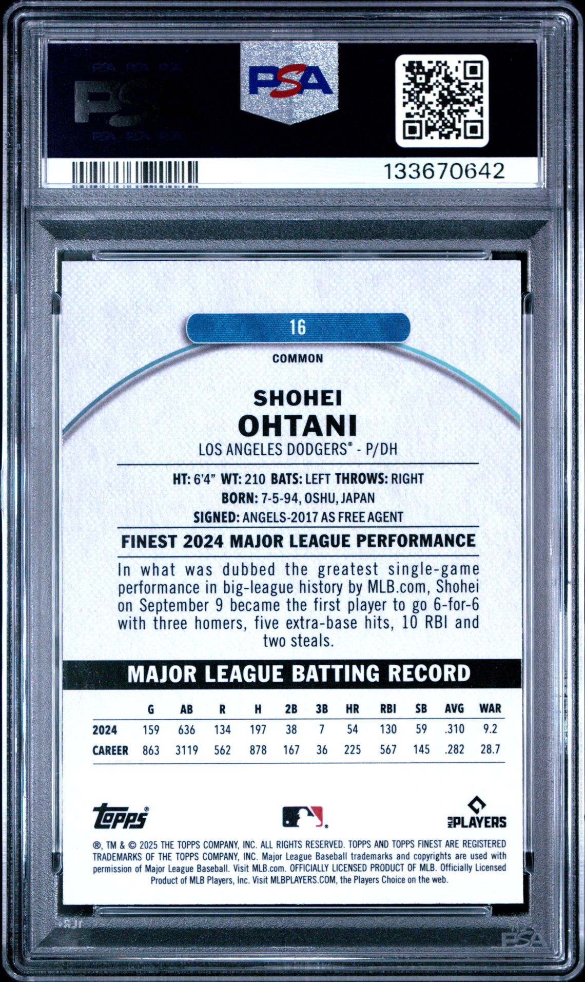 2025 Topps Finest Shohei Ohtani #16 (Sky Blue Refractor) Gem Mt 10 back