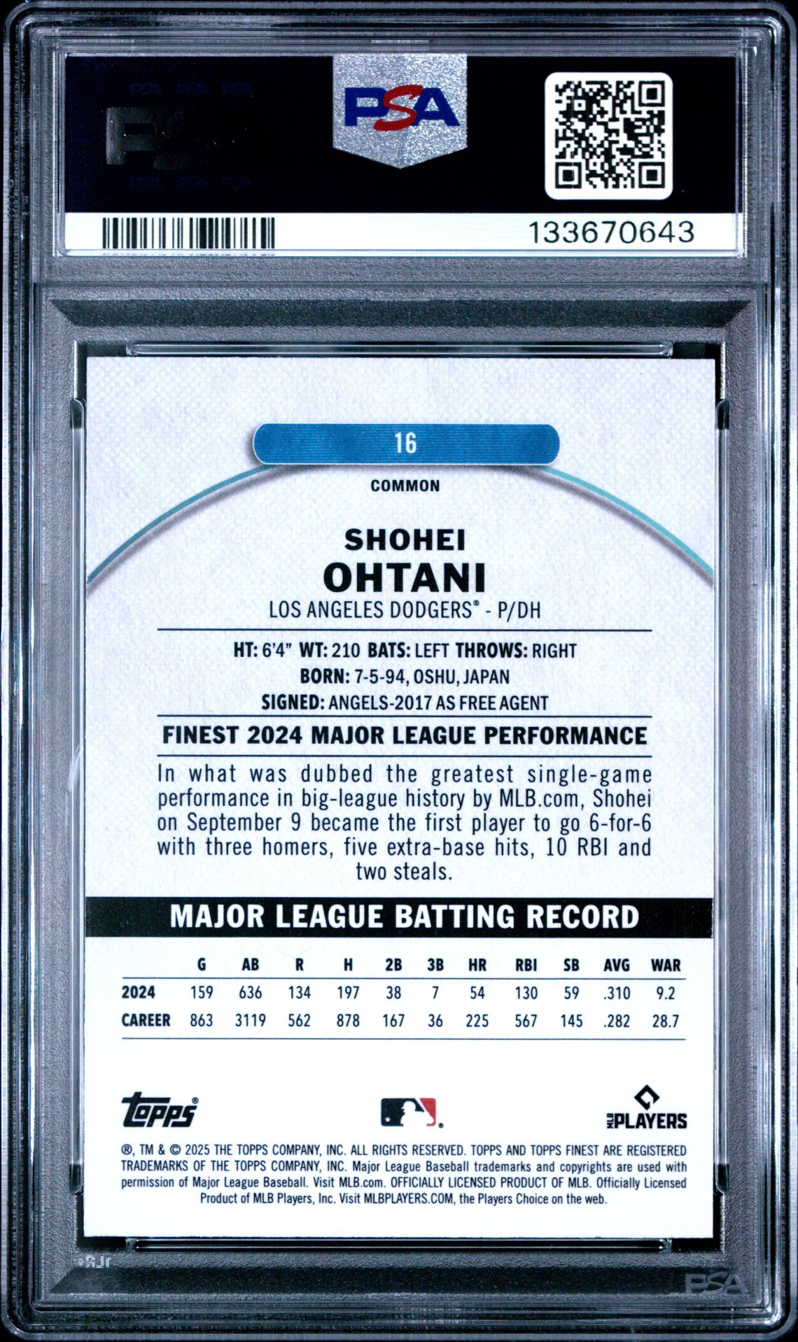 2025 Topps Finest Shohei Ohtani #16 (Magenta Refractor) Mint 9 back