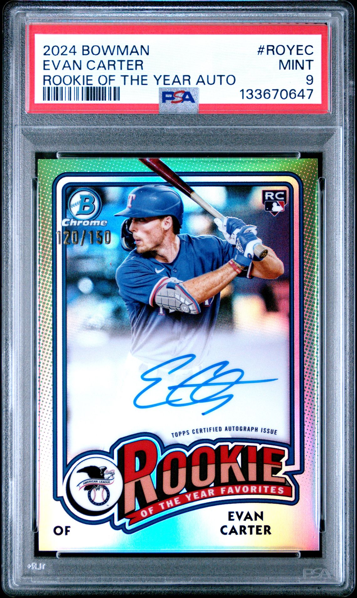 2024 Bowman Rookie Of The Year Autographs Evan Carter #Royec (Rookie Of The Year Auto) Mint 9 front