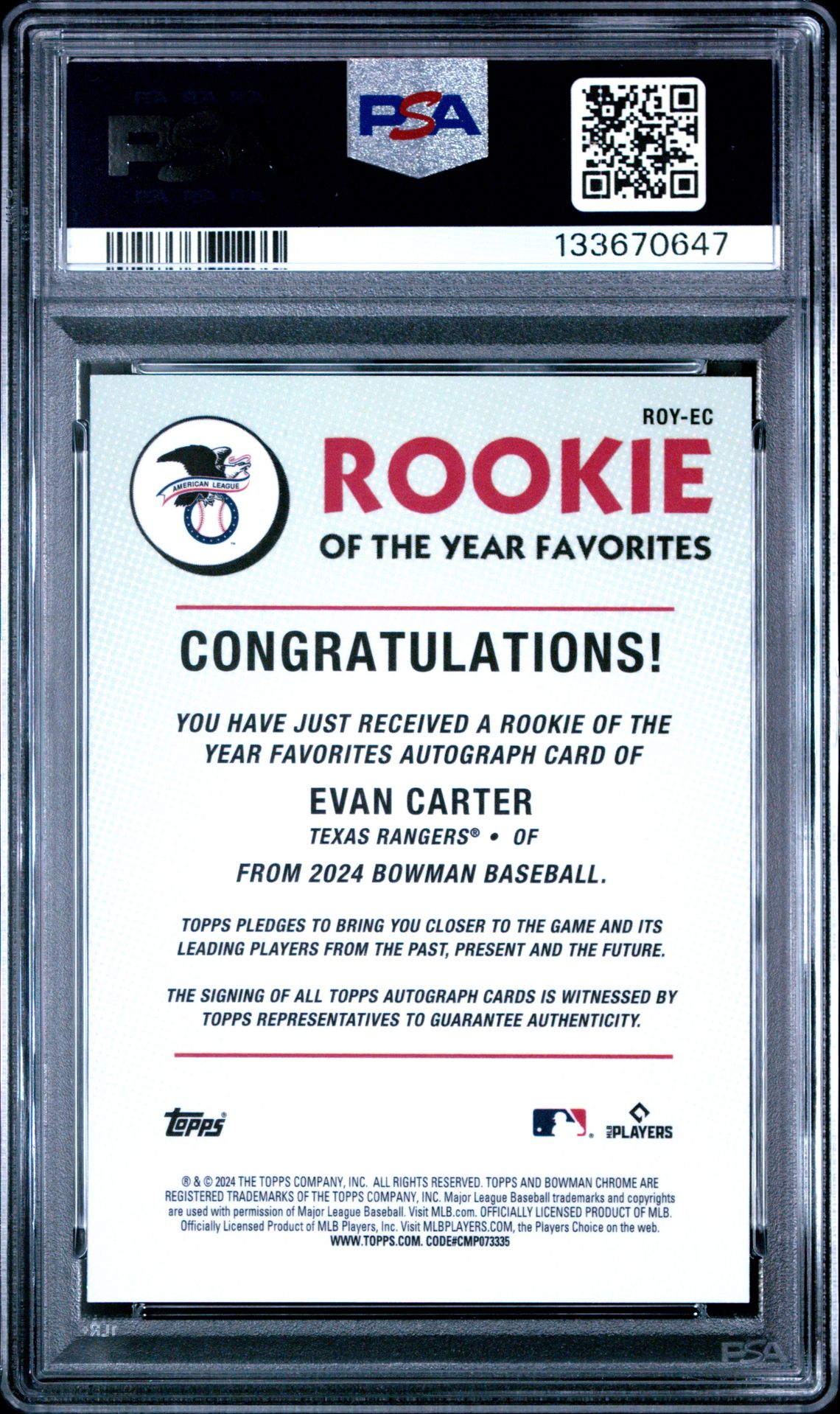 2024 Bowman Rookie Of The Year Autographs Evan Carter #Royec (Rookie Of The Year Auto) Mint 9 back