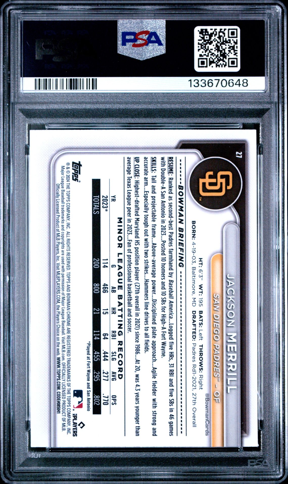 2024 Bowman Chrome Jackson Merrill #27 (Wave Refractor) Mint 9 back