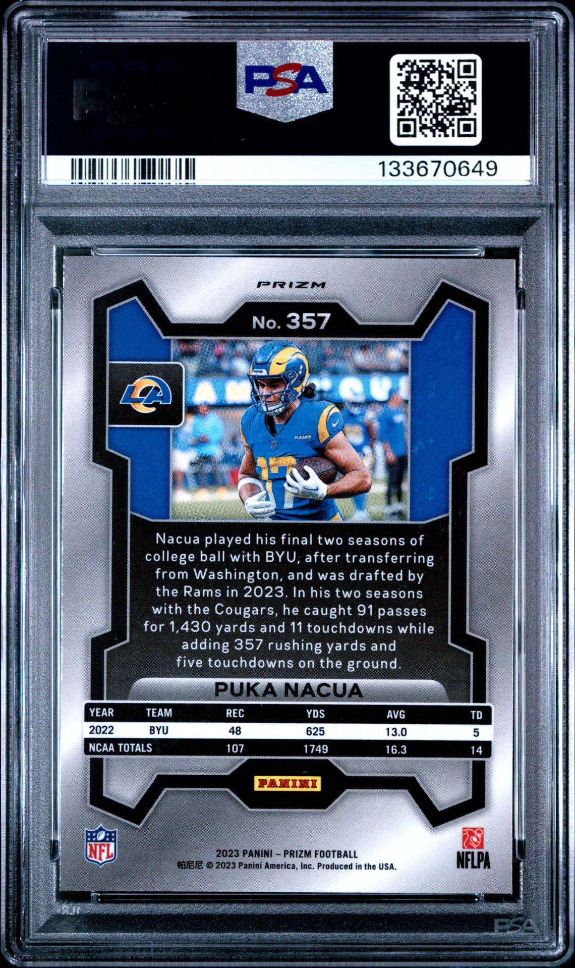 2023 Panini Prizm Puka Nacua #357 (Silver Prizm) Gem Mt 10 back