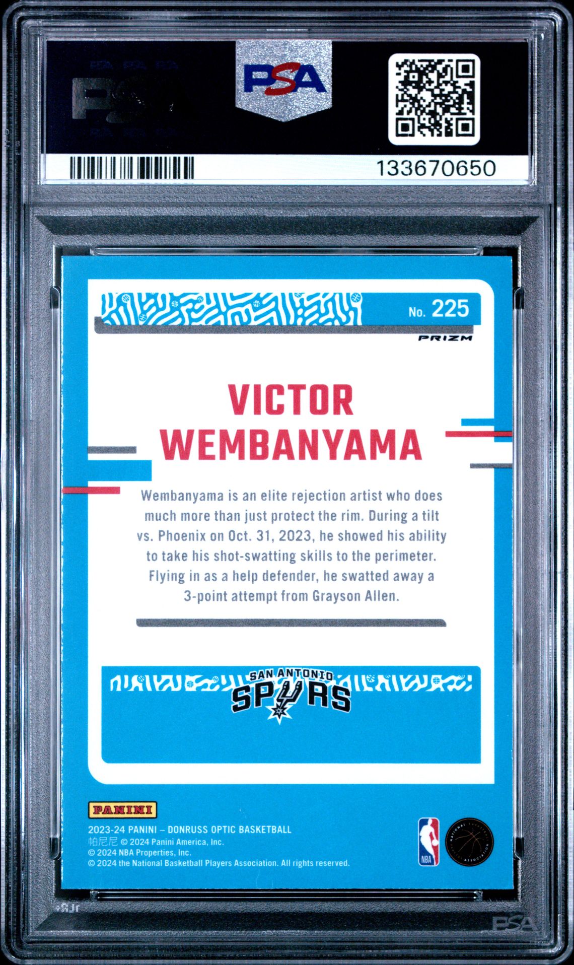 2023 Panini Donruss Optic Victor Wembanyama #225 (Purple) Mint 9 back