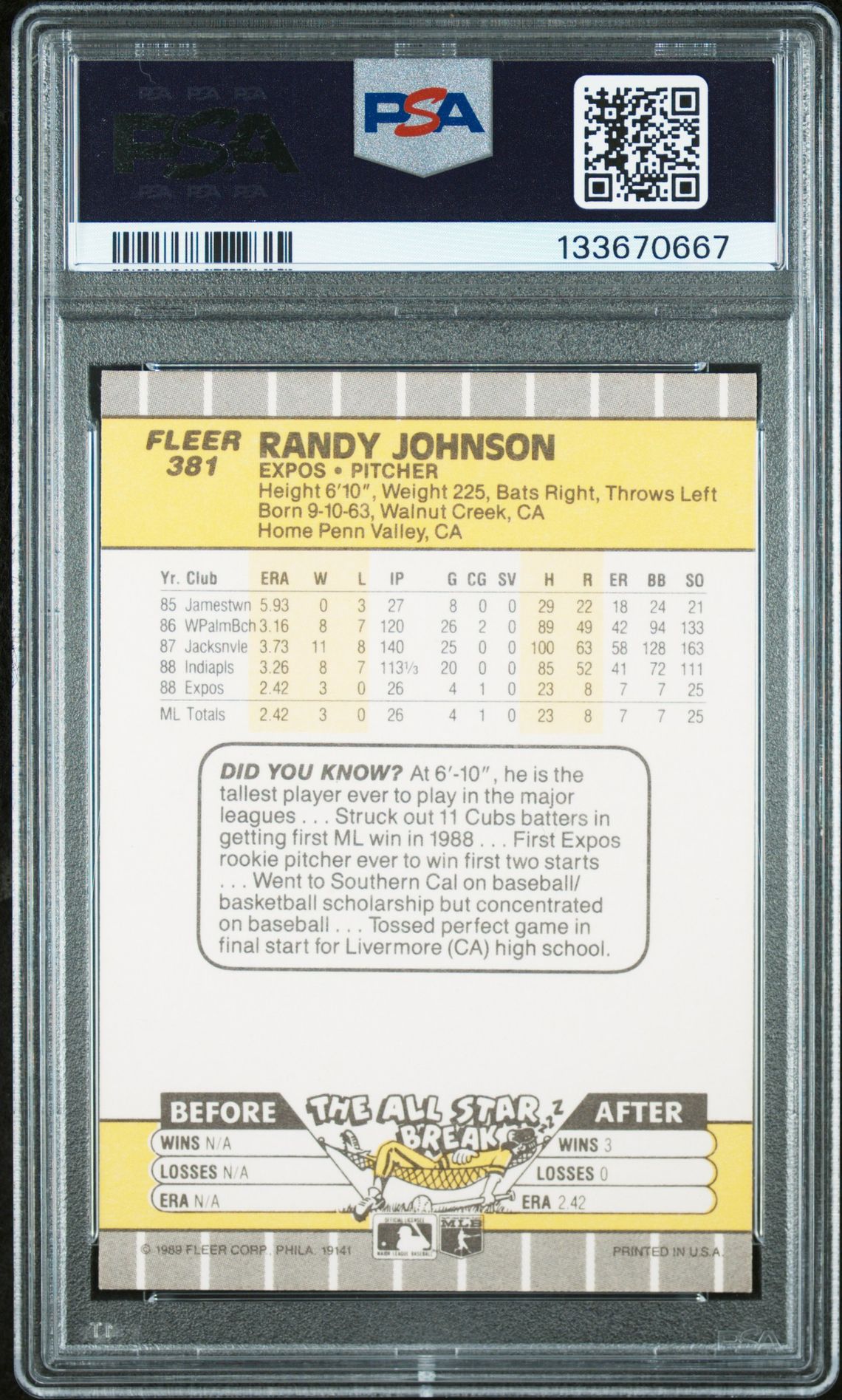 1989 Fleer Randy Johnson #381 (Ad Partially Obscured) Nm-Mt 8 back