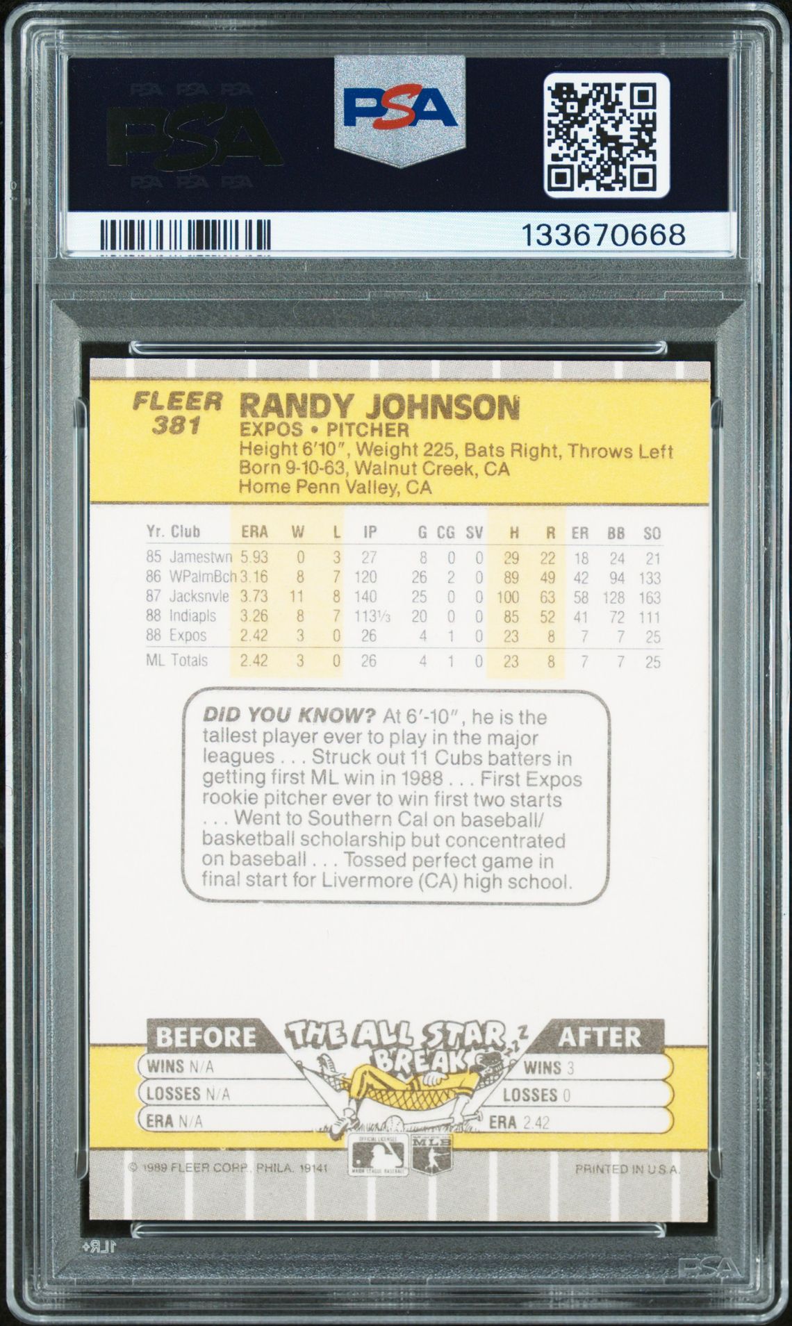 1989 Fleer Randy Johnson #381 (Ad Partially Obscured) Nm 7 back