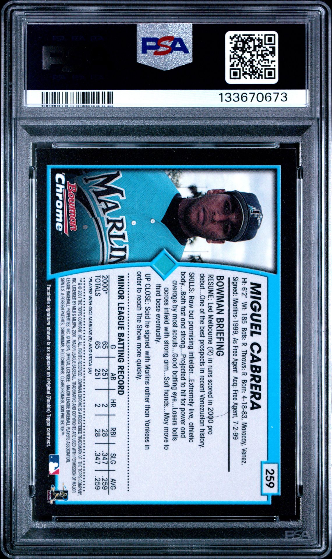 2001 Bowman Chrome Miguel Cabrera #259 (Uer: Photo Denny Bautista) Mint 9 back