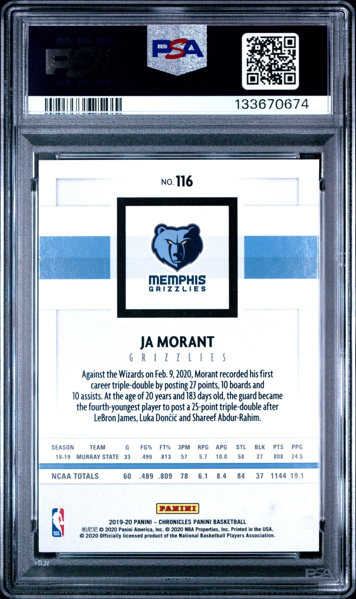 2019 Panini Chronicles Ja Morant #116 Mint 9 back