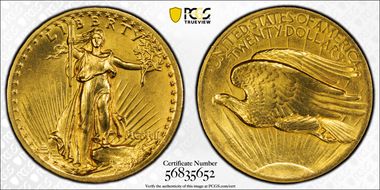 1907 $20 High Relief, Flat Edge MS63