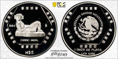 1994-Mo 5 Peso Chaac-Mool KM-574  Ag PR68DCAM