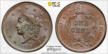 1837 1C N-1, Plain Cords, Med Ltrs MS65BN