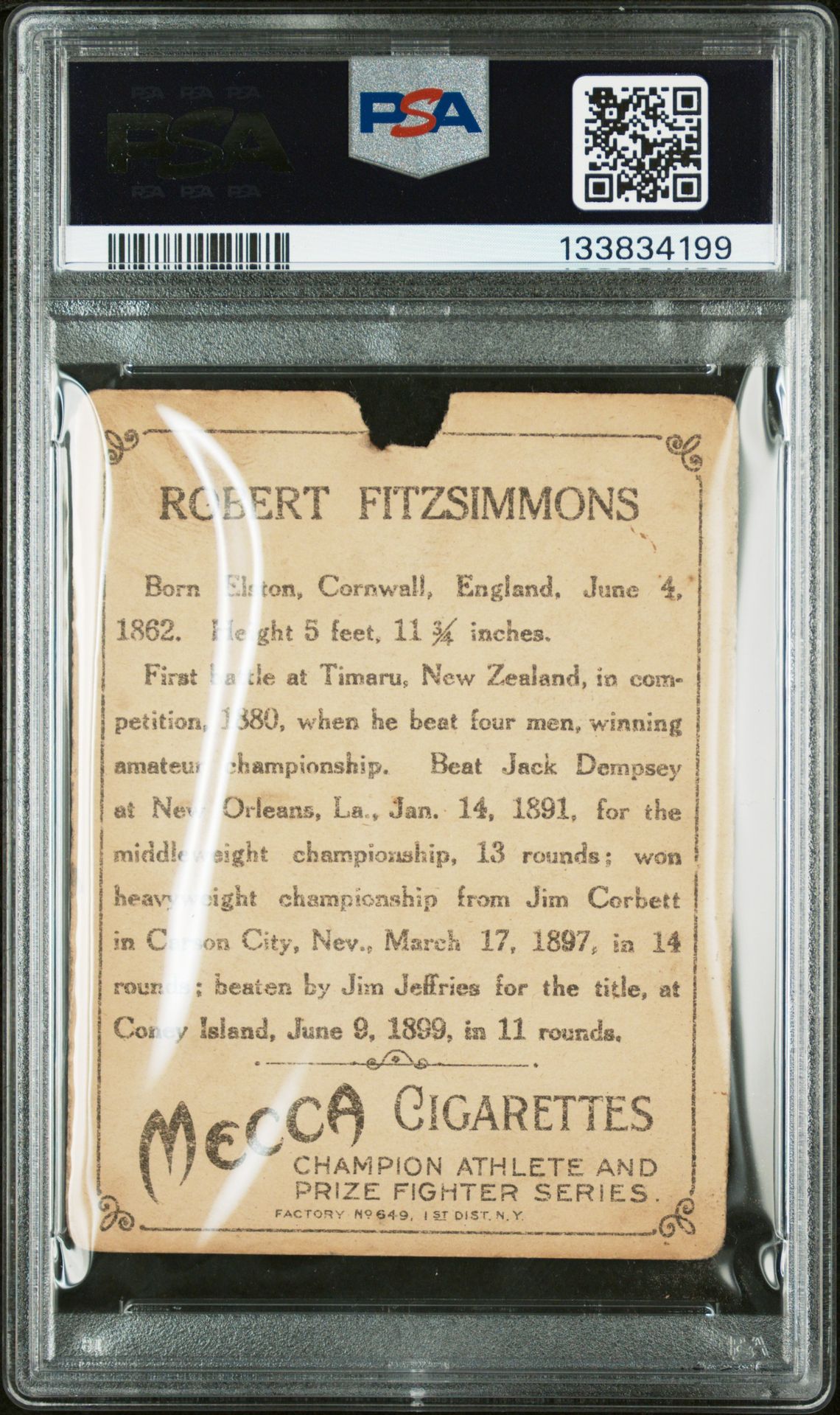 1910 T220 Champions Bob Fitzsimmons Pr 1 back