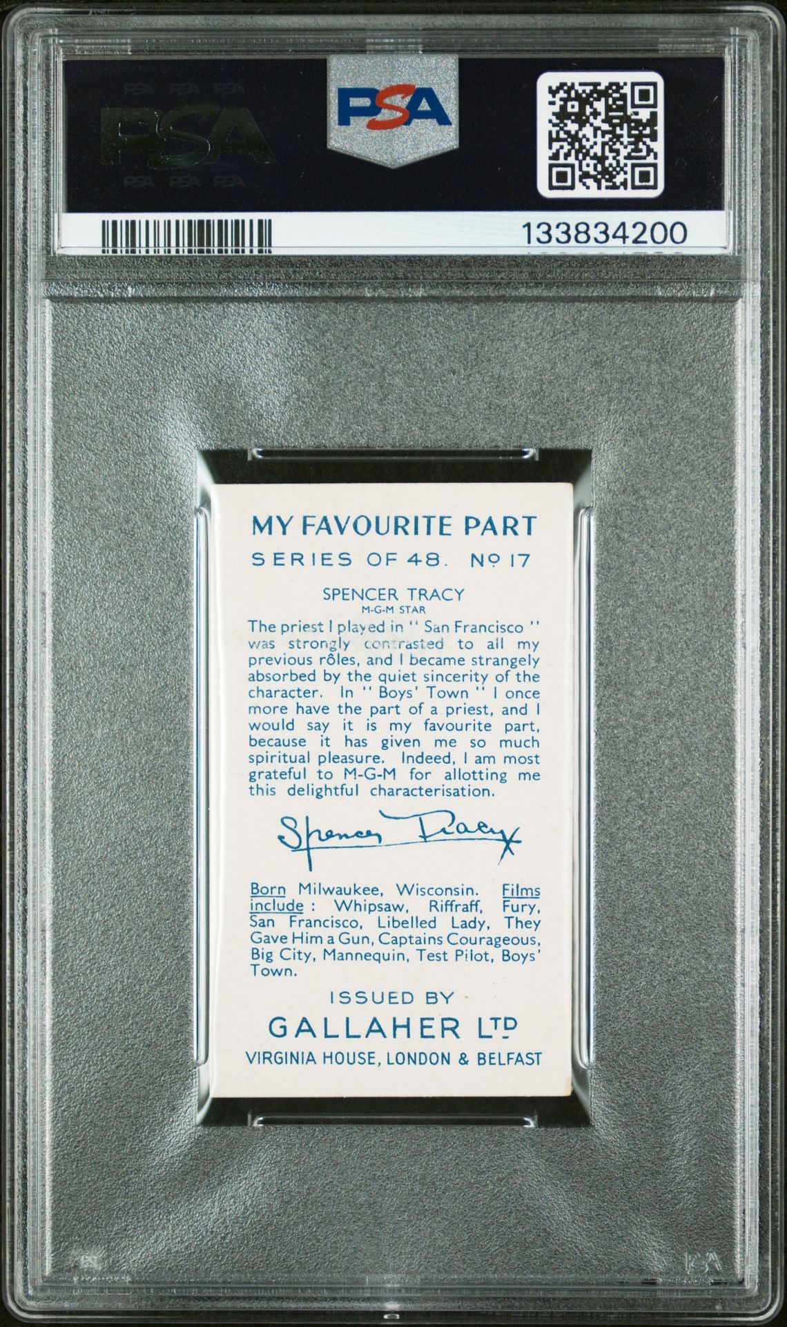 1939 Gallaher Ltd. My Favourite Part Spencer Tracy #17 (My Favourite Part) Vg 3 back
