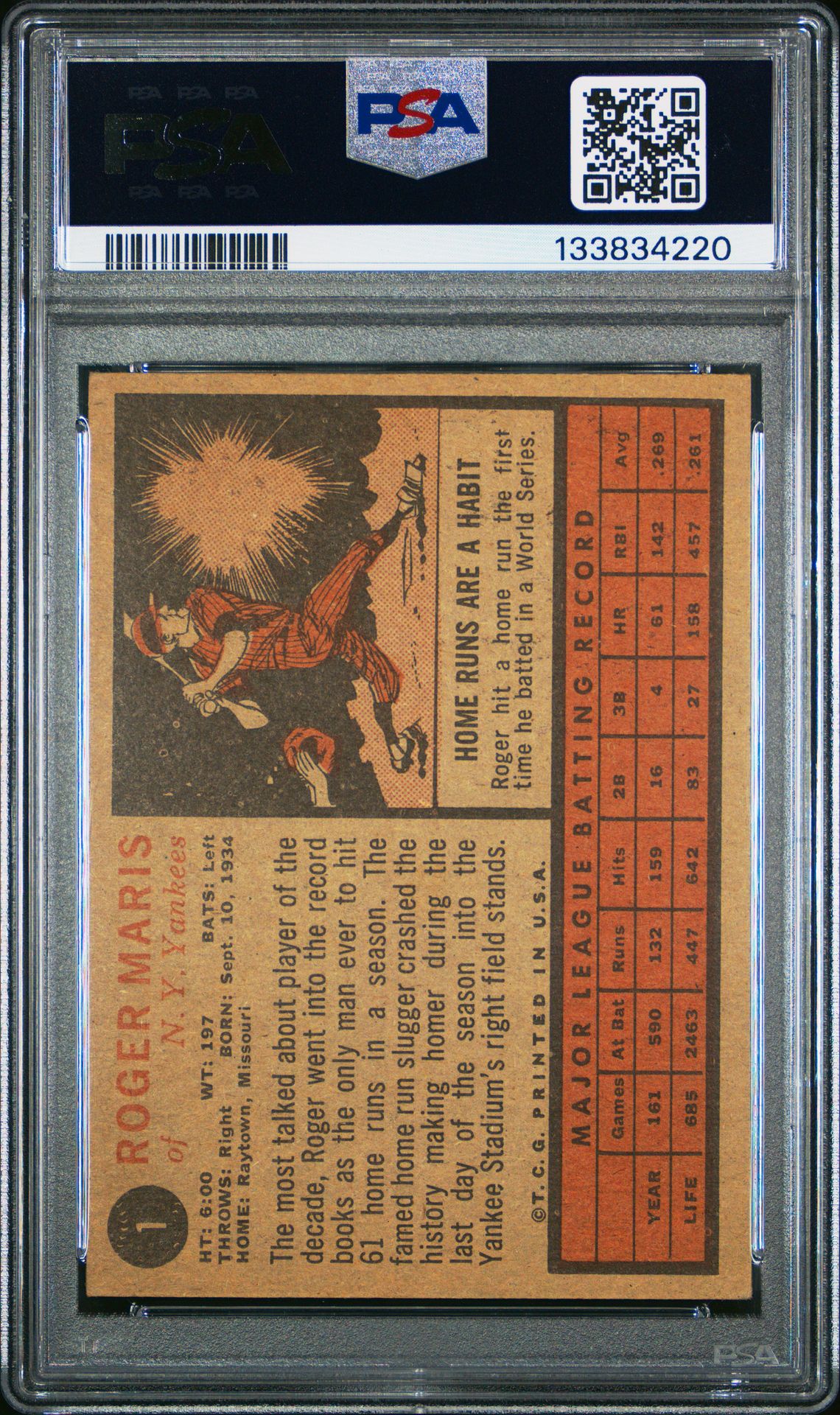 1962 Topps Roger Maris #1 Vg-Ex 4 back