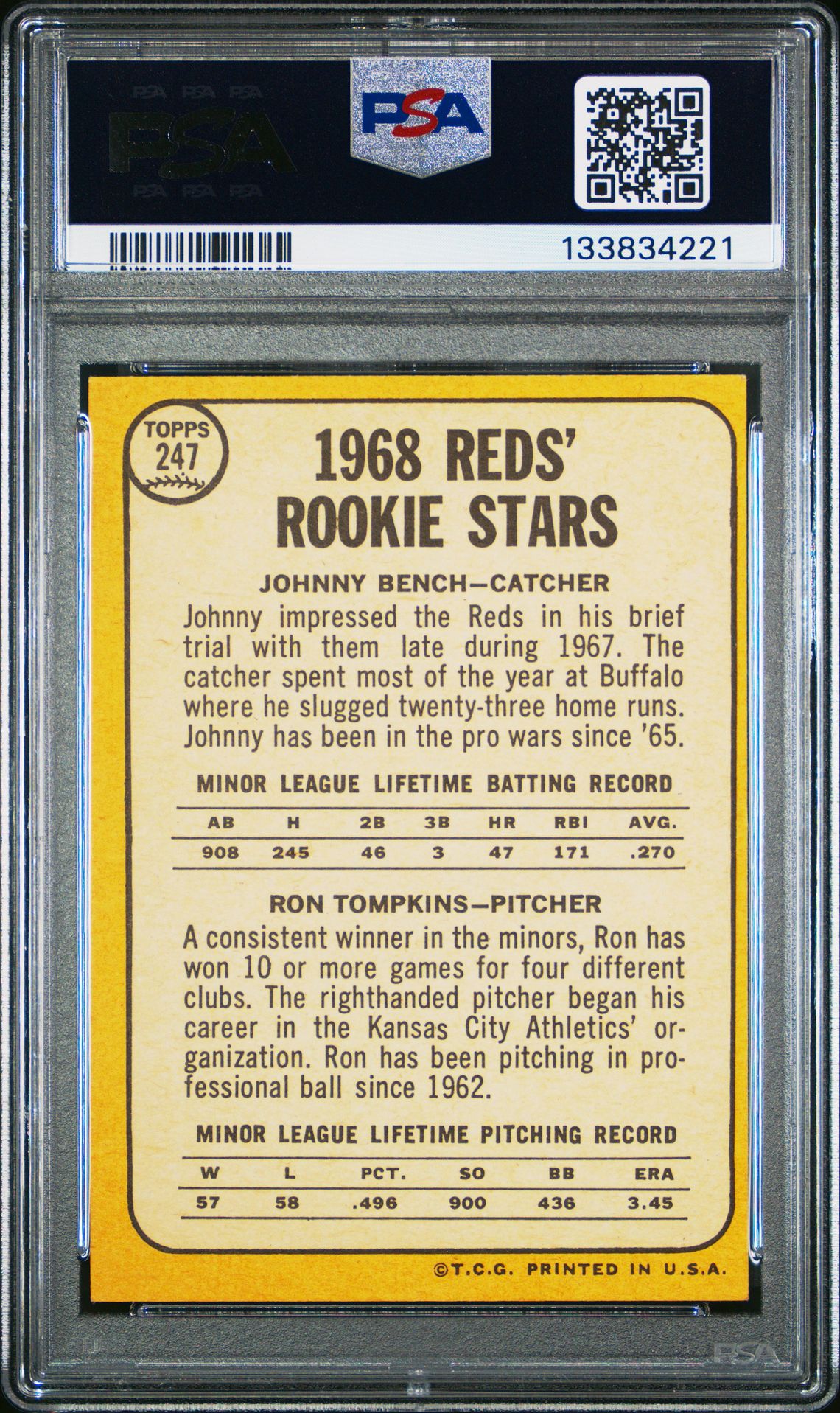 1968 Topps Reds Rookies #247 (J.bench/R.tompkins) Nm 7 back