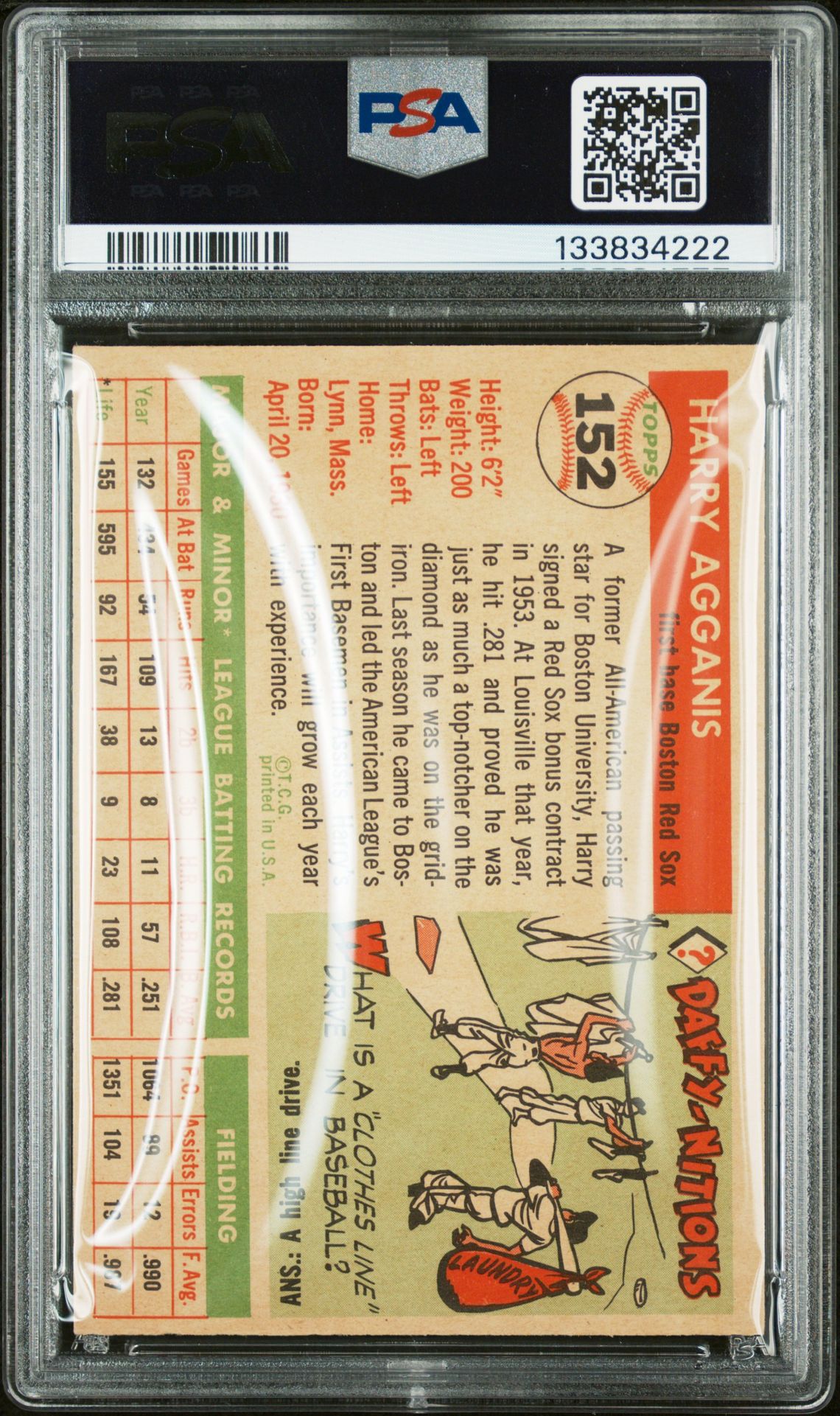 1955 Topps Harry Agganis #152 Vg-Ex 4 back