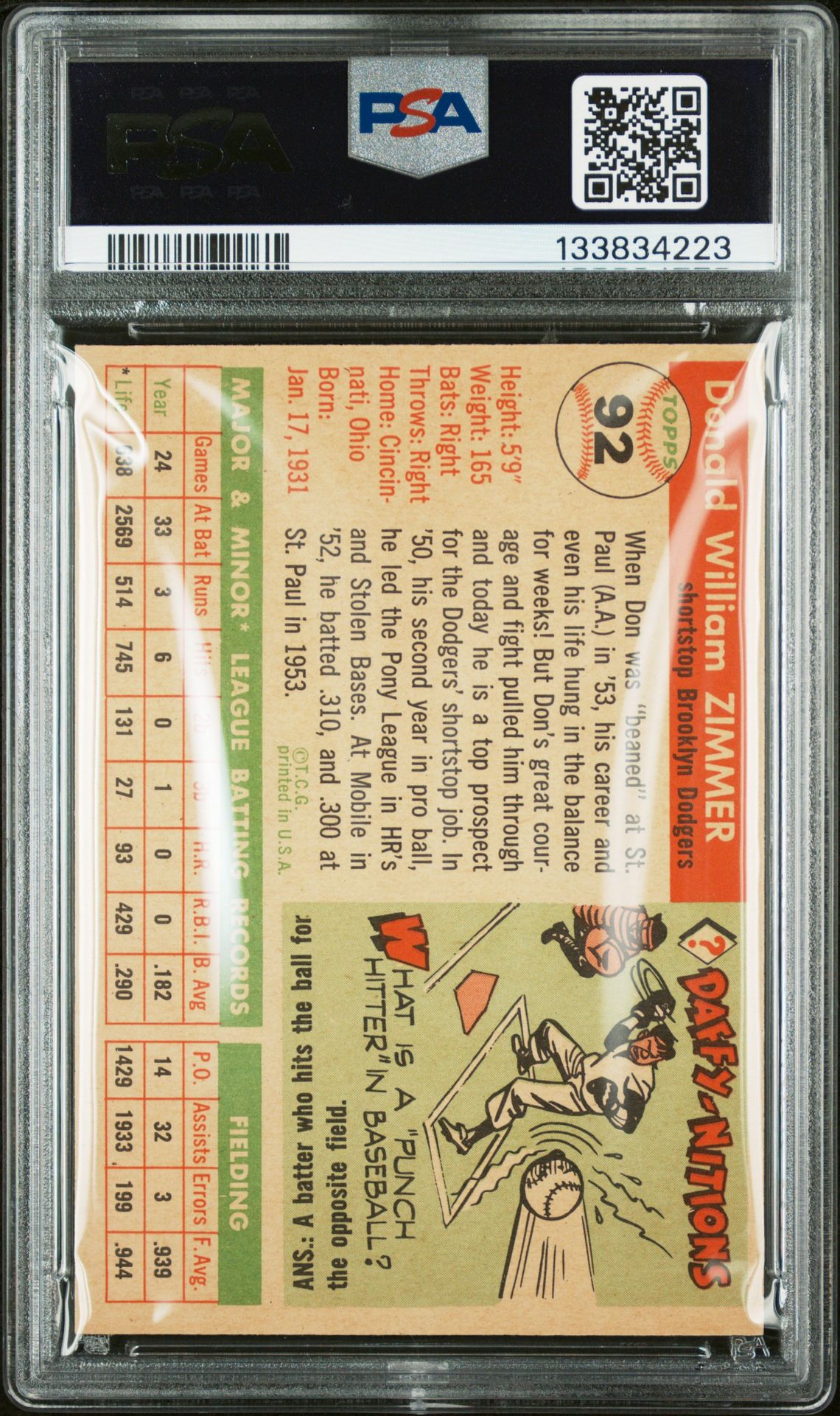 1955 Topps Don Zimmer #92 Ex-Mt 6 back
