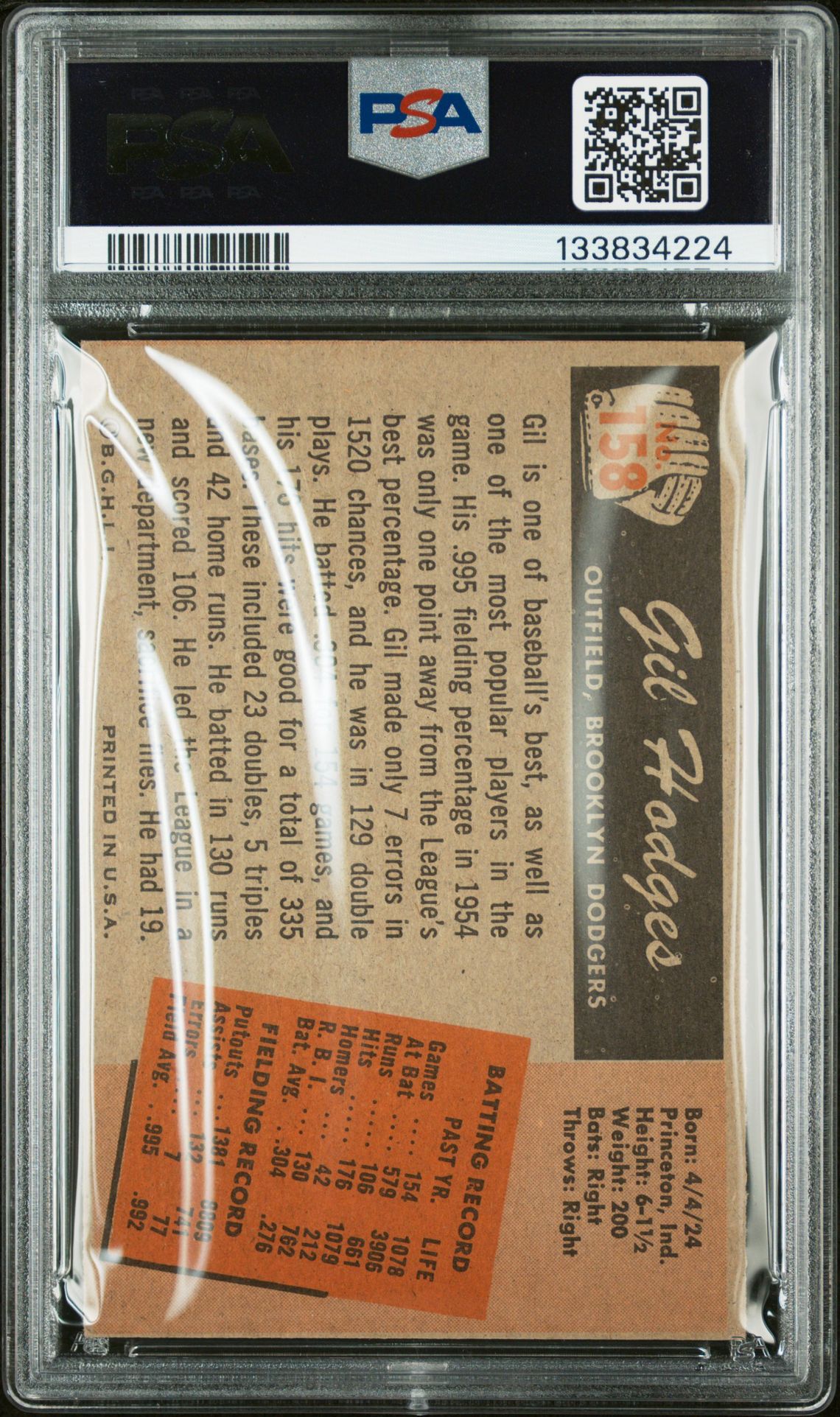 1955 Bowman Gil Hodges #158 Ex 5 back