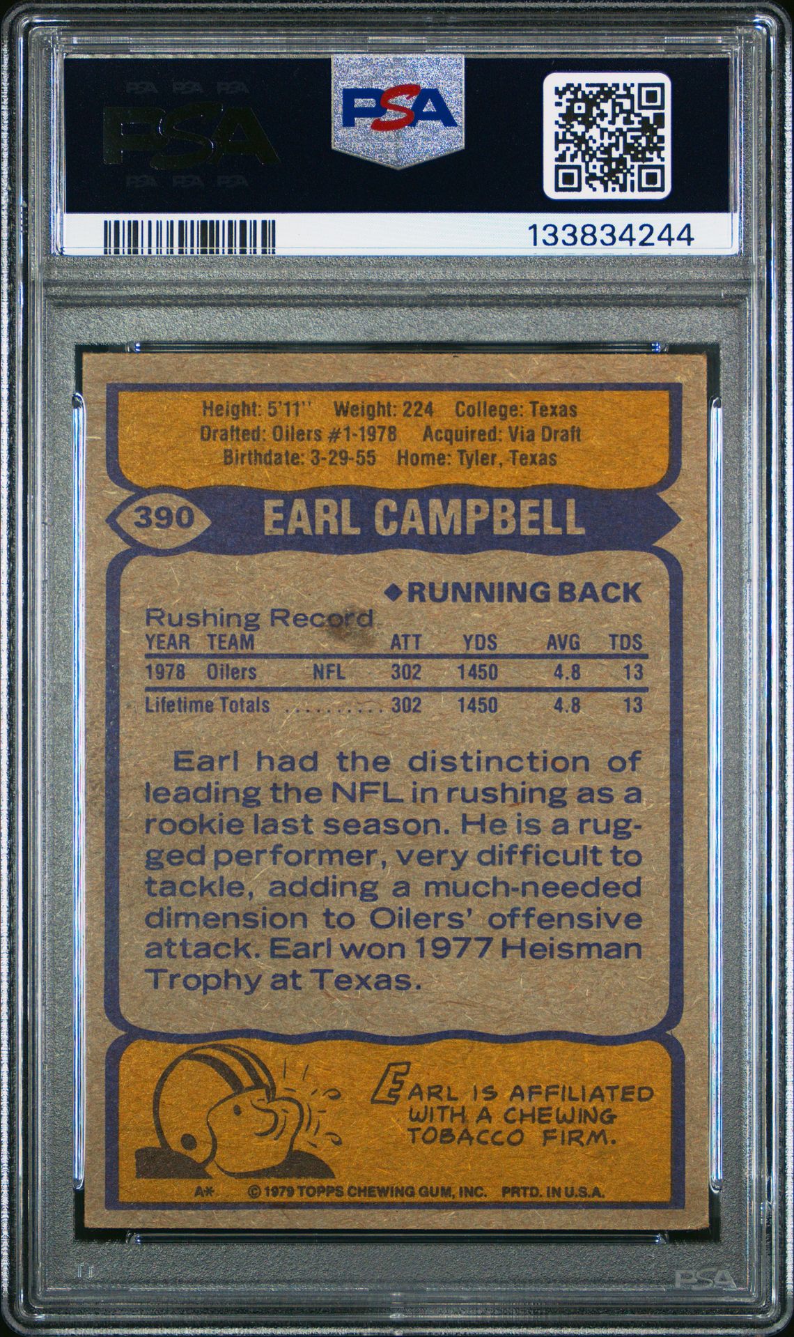 1979 Topps Earl Campbell #390 Vg 3 back