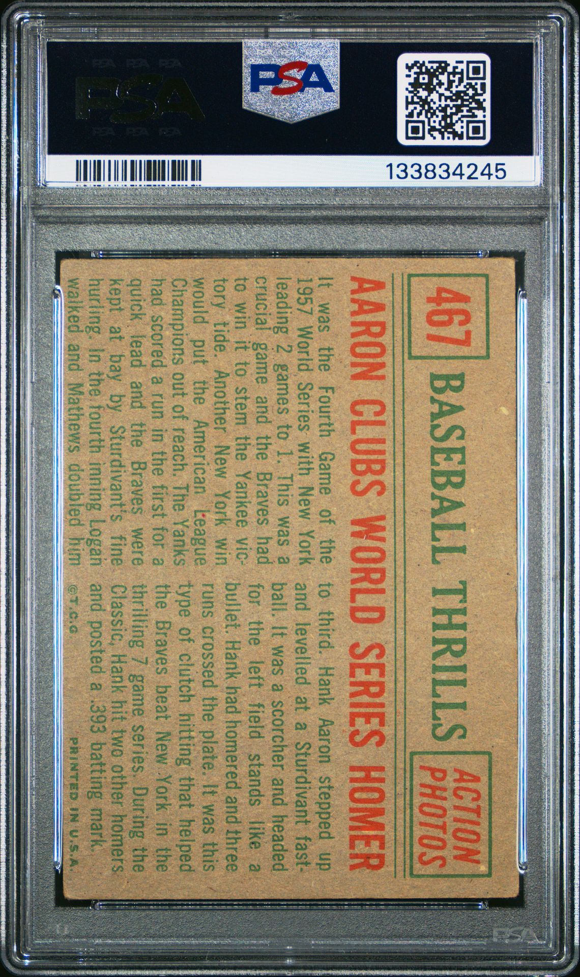 1959 Topps Aaron Clubs World #467 (Series Homer) Vg 3 back