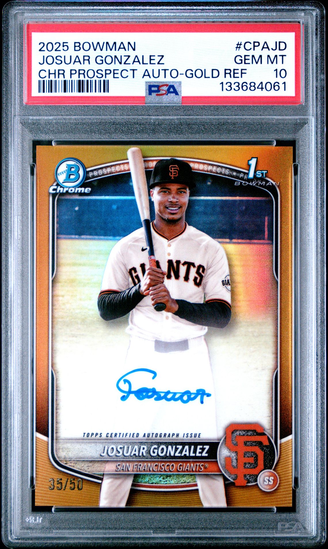 2025 Bowman BOWMAN CHROME PROSPECT AUTOGRAPHS Gold Refractor #CPAJD Josuar Gonzalez front