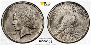 1921 $1 High Relief, Peace MS65+ 