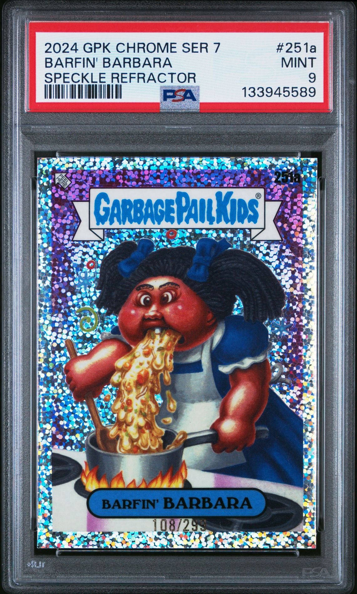 2024 Topps TOPPS CHROME GARBAGE PAIL KIDS ORIGINAL SERIES 7 SPECKLE REFRACTOR #251A Barfin' Barbara front