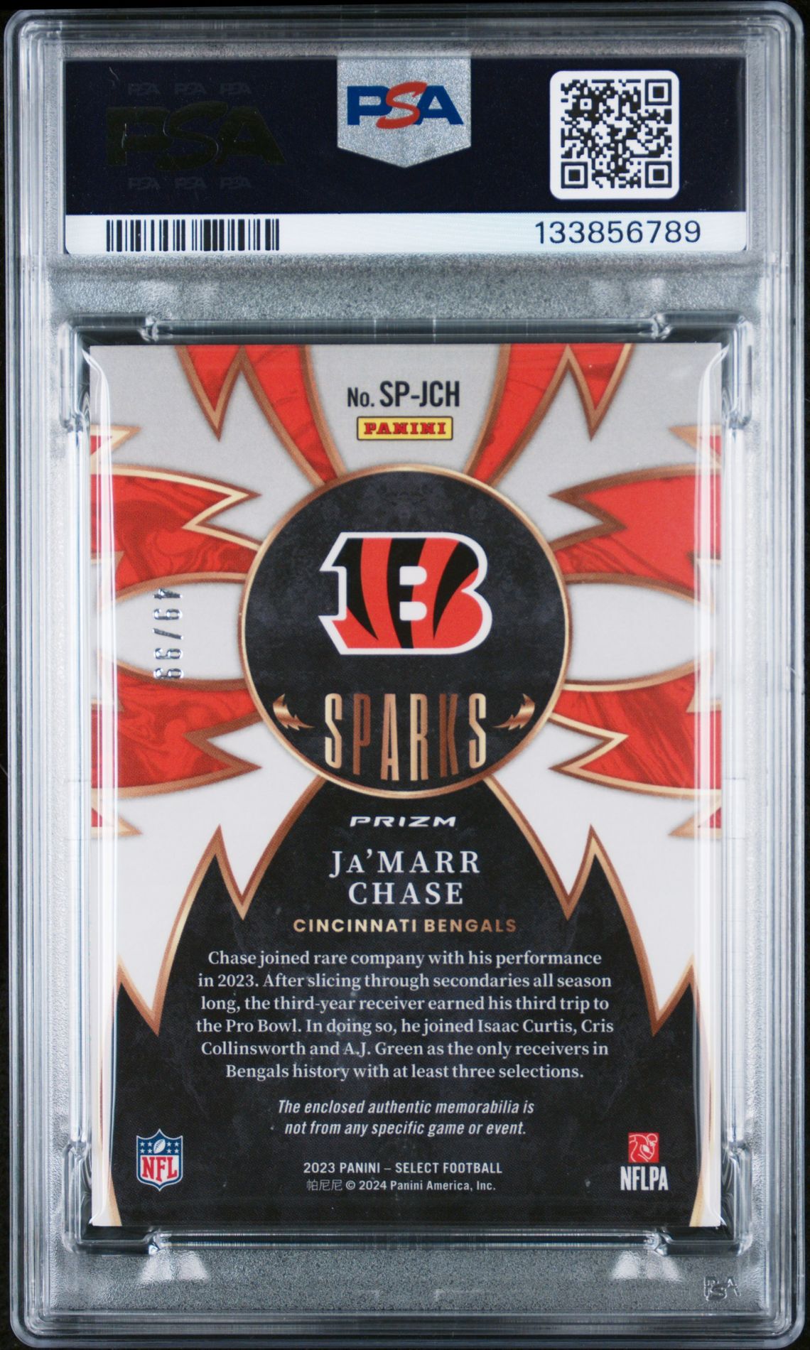 2023 Panini Select Sparks Memorabilia Ja'marr Chase #Spjch N0: Authentic back