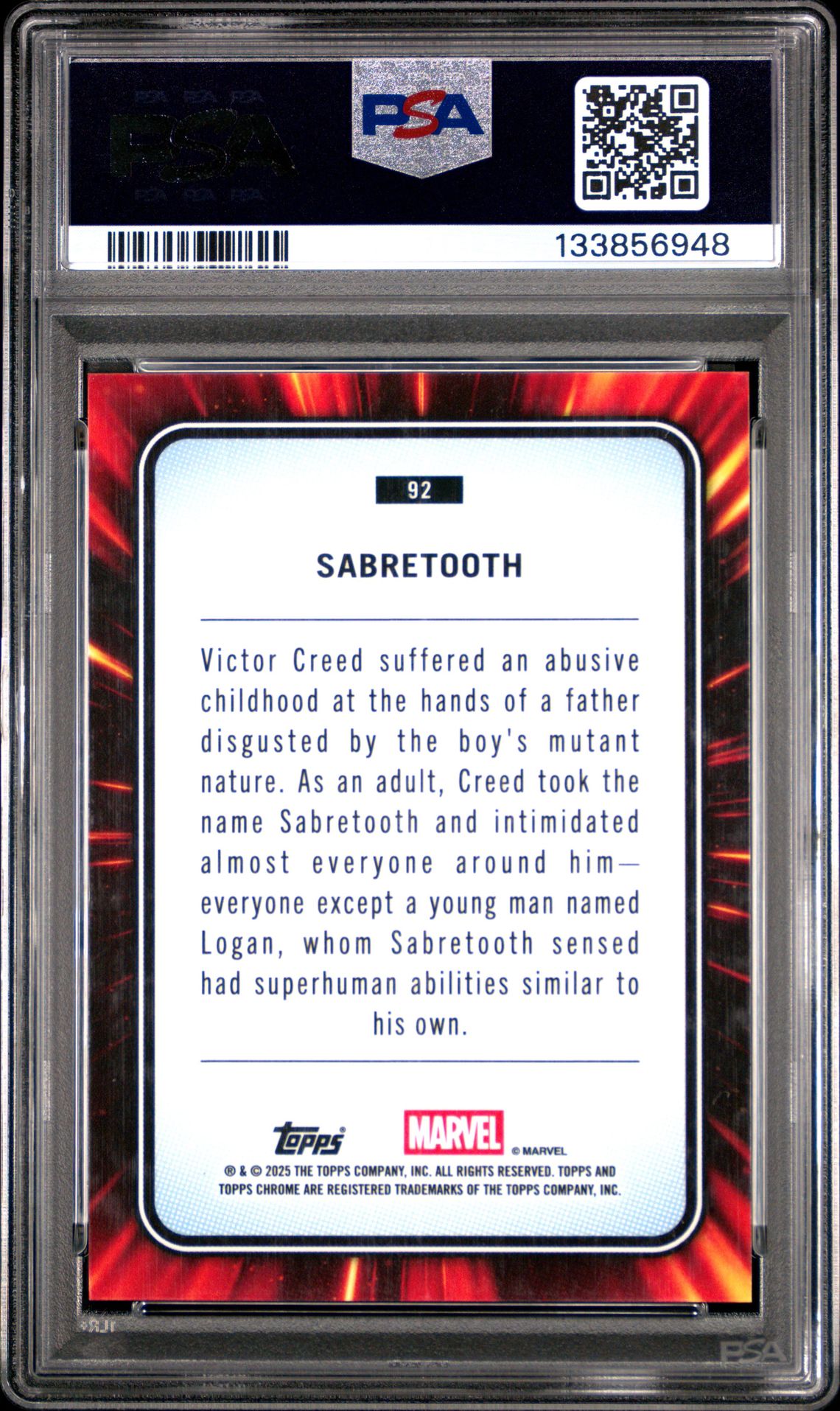 2025 Topps Chrome Marvel Sabretooth #92 (Human Torch Refractor) Mint 9 back