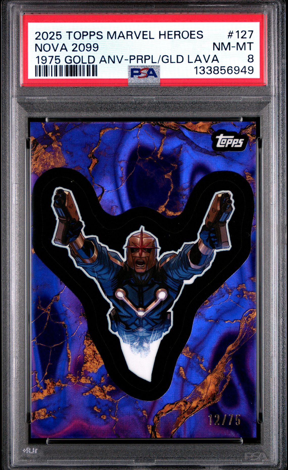 2025 Topps Marvel Comic Book Heroes 1975 Gold Anniversary Nova 2099 #127 (1975 Gold Anv-Prpl/Gld Lava) Nm-Mt 8 front