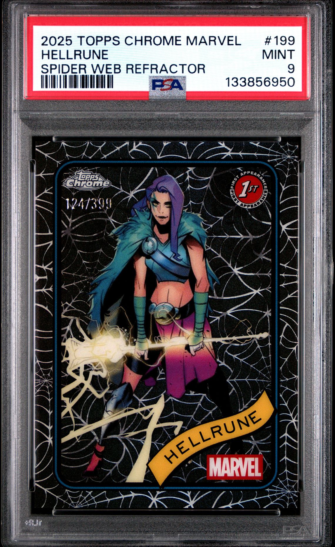2025 Topps Chrome Marvel Hellrune #199 (Spider Web Refractor) Mint 9 front