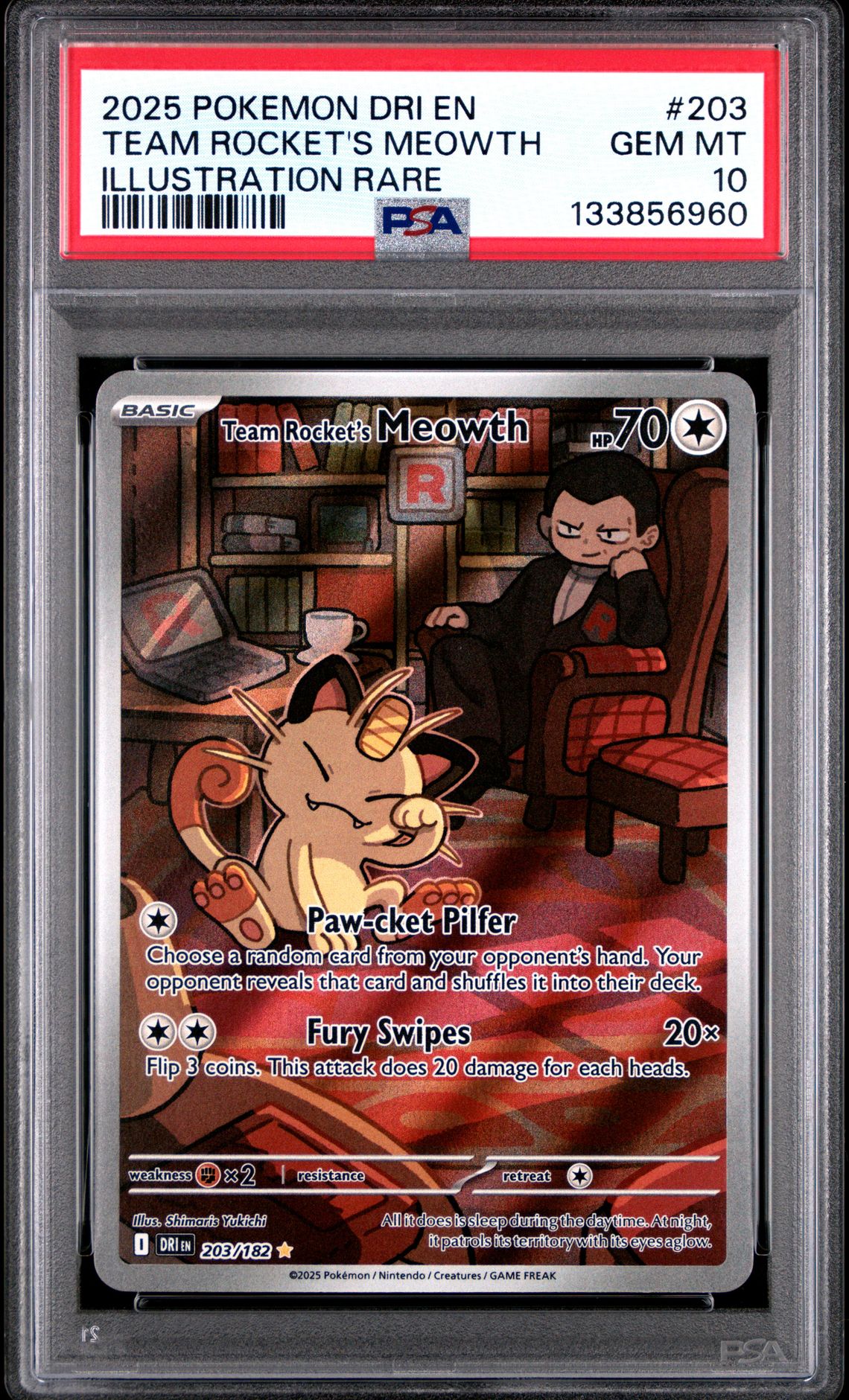 2025 Pokemon Dri En-Destined Rivals Team Rocket's Meowth #203 (Illustration Rare) Gem Mt 10 front