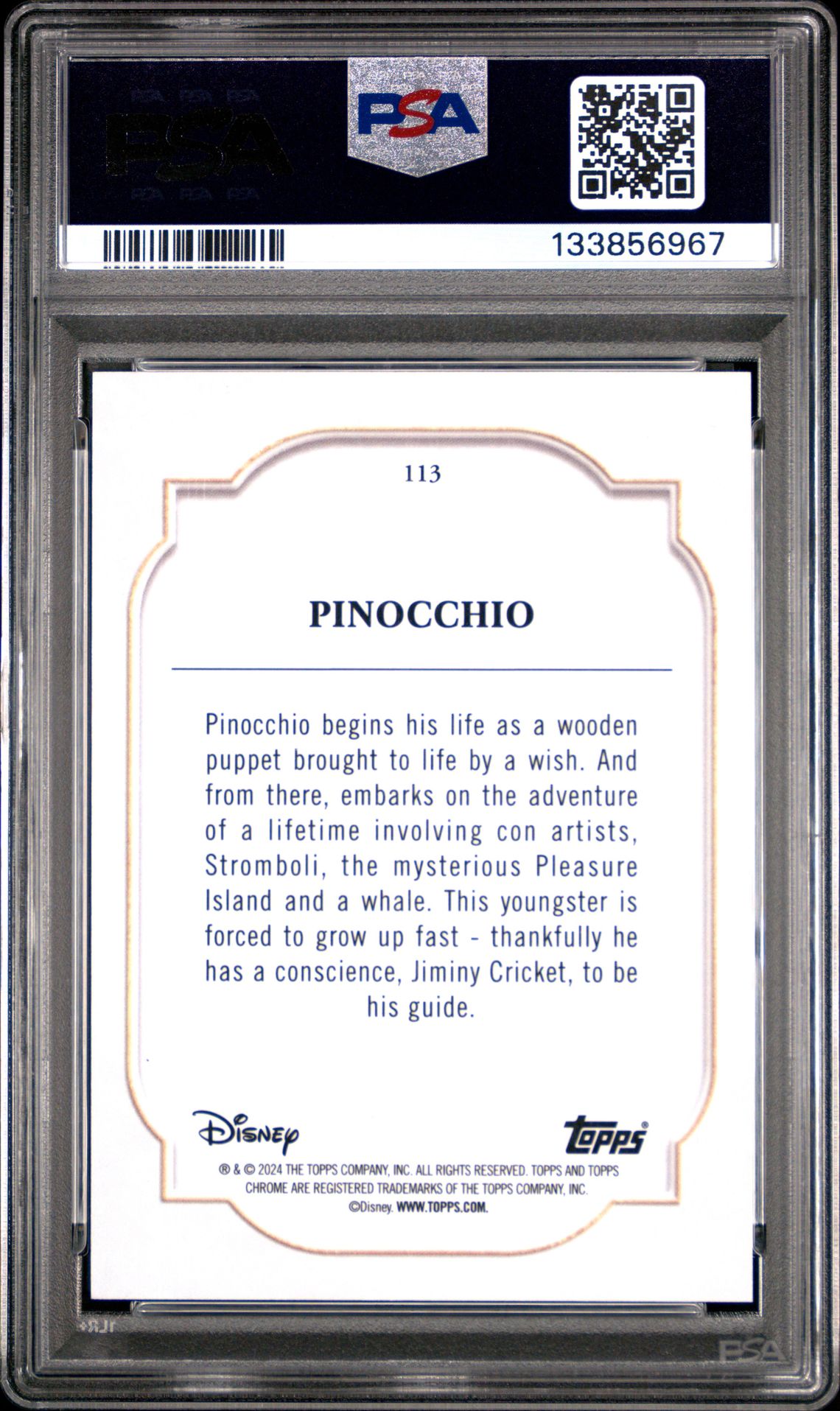 2024 Topps Chrome Disney Sapphire Edition Pinocchio #113 (Orange) Gem Mt 10 back