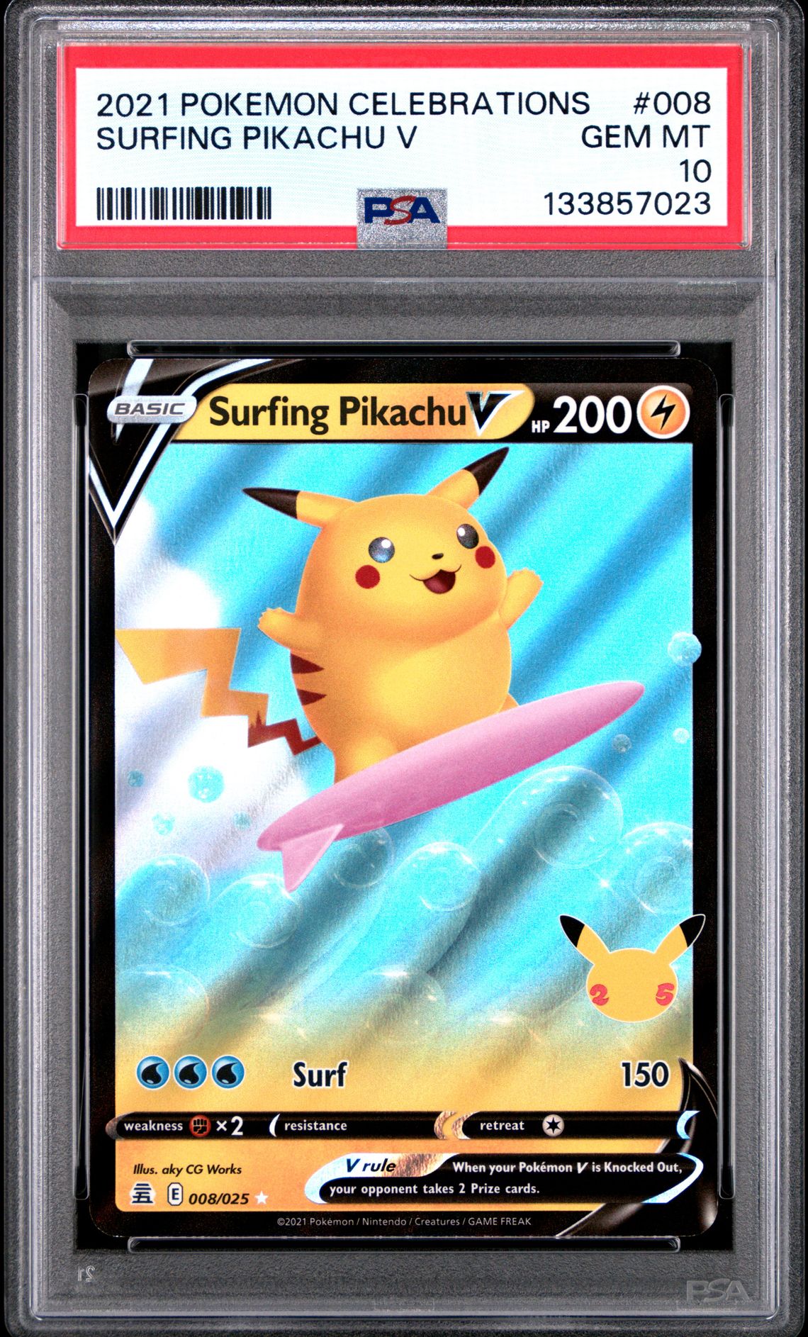 2021 Pokemon Celebrations Surfing Pikachu V #008 Gem Mt 10 front