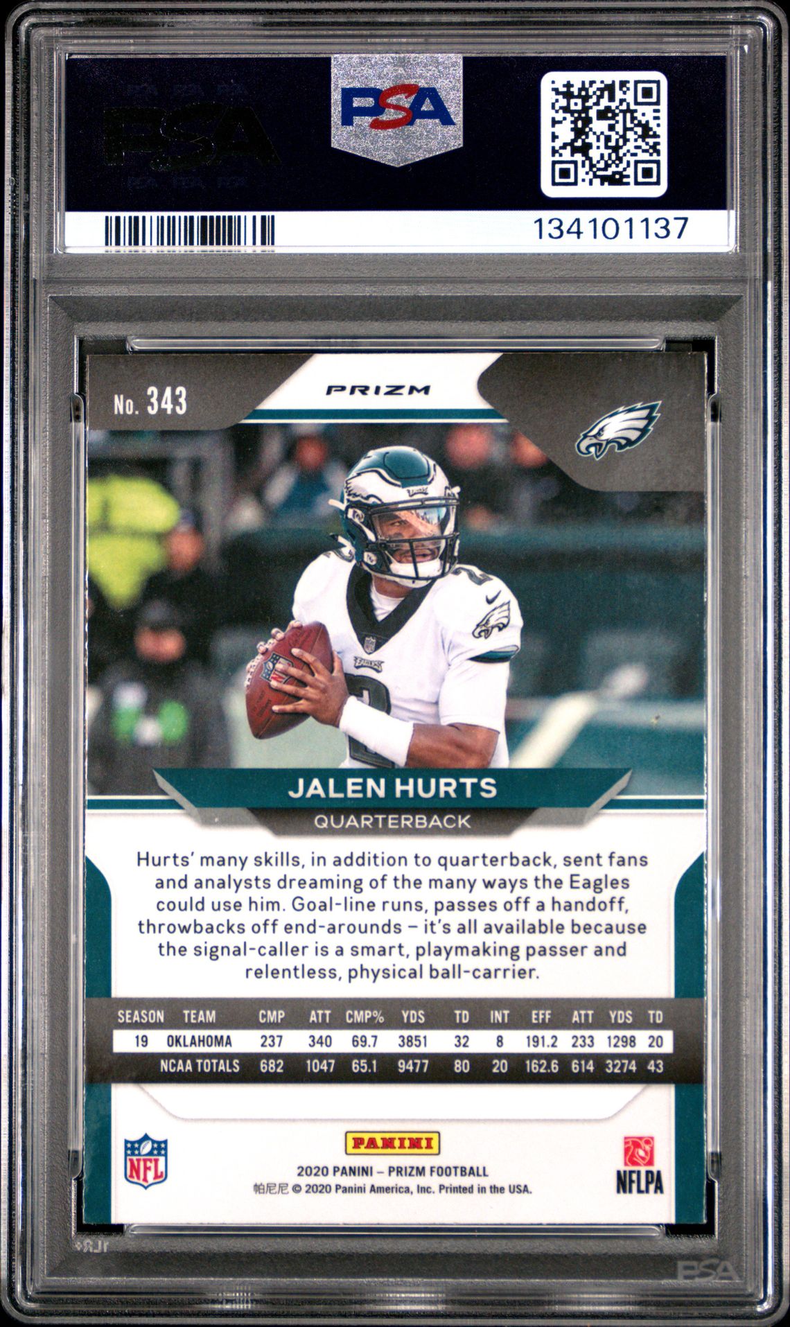 2020 Panini Prizm Jalen Hurts #343 (Red Ice) Gem Mt 10 back