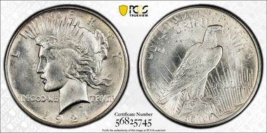1921 $1 High Relief, Peace MS65