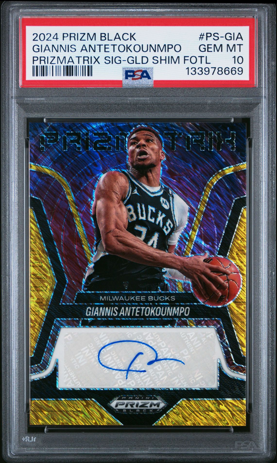 2024 Panini PANINI PRIZM BLACK PRIZMATRIX SIGNATURES GLD SHIM FOTL #PS-GIA Giannis Antetokounmpo front