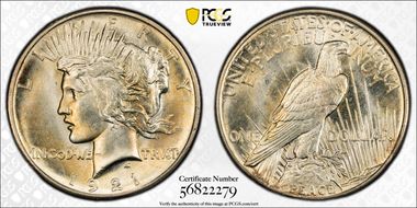 1921 $1 High Relief, Peace MS65