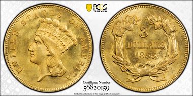 1855 $3 MS63+ 