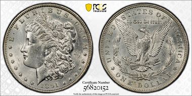 1891 $1 VAM 2B, Dbl Ear/Clashed N AU58