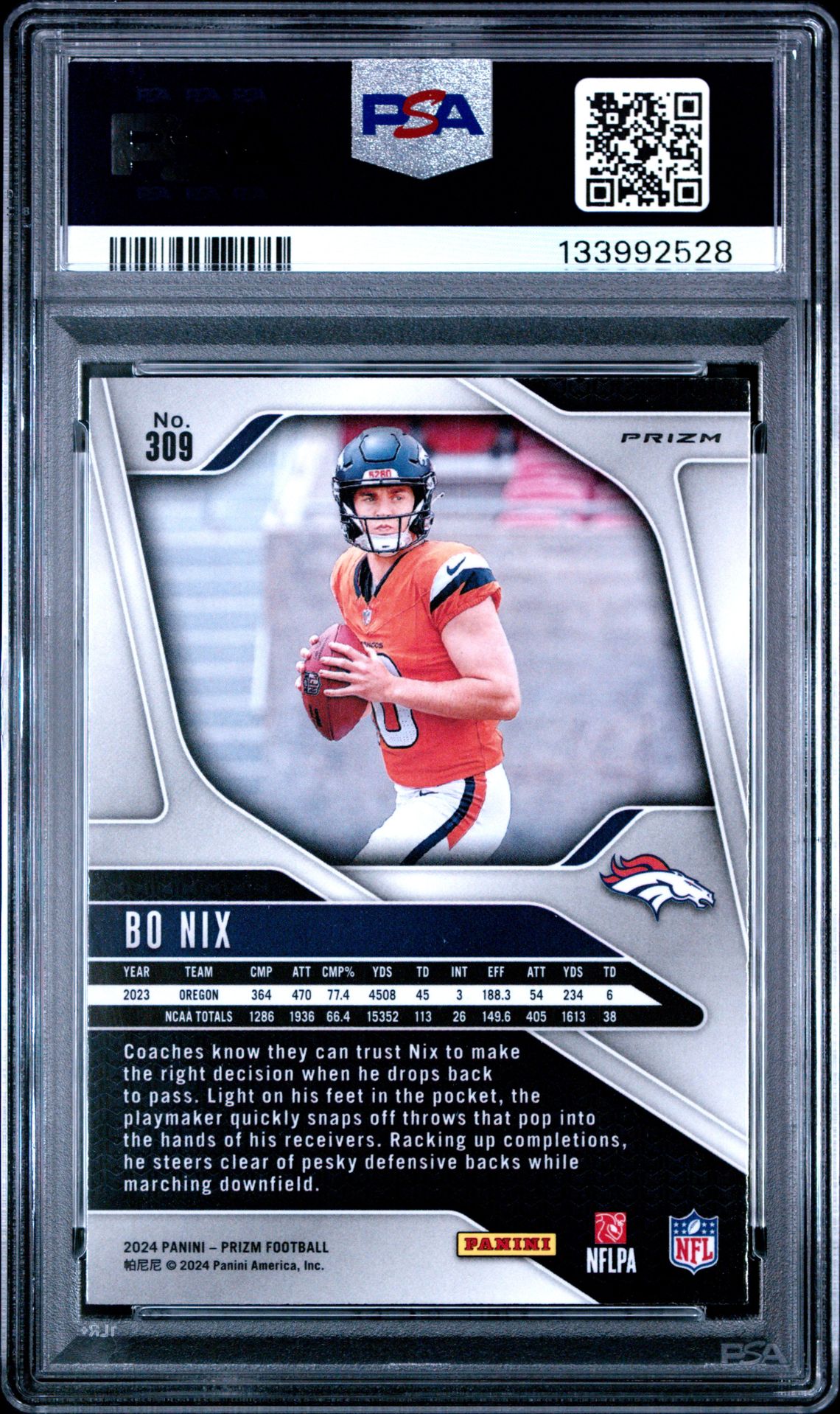 2024 Panini Prizm Bo Nix #309 (Lazer Prizm) Gem Mt 10 back view - PSA certificate #133992528