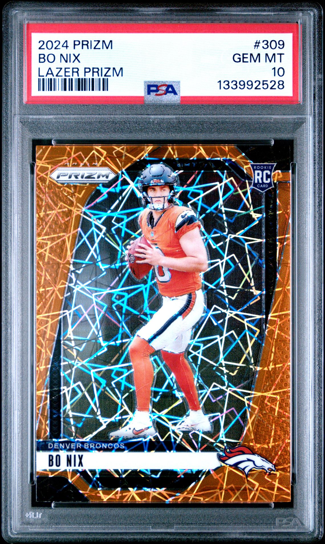 2024 Panini Prizm Bo Nix #309 (Lazer Prizm) Gem Mt 10 front view - PSA graded GEM MT 10