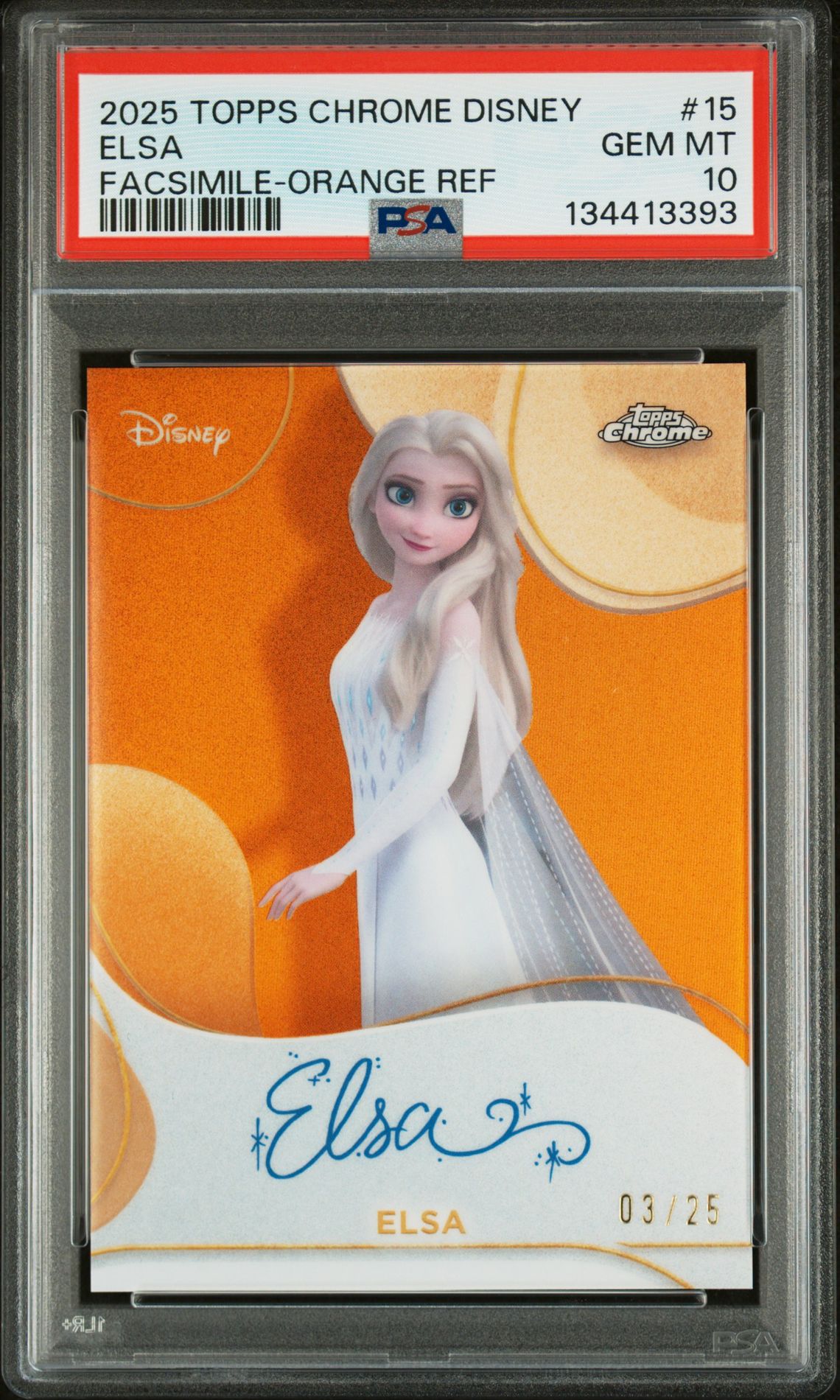 2025 Topps Chrome Disney Disney Chrome 2025 Facsimile Autographs Elsa #15 (Facsimile-Orange Ref) Gem Mt 10 front