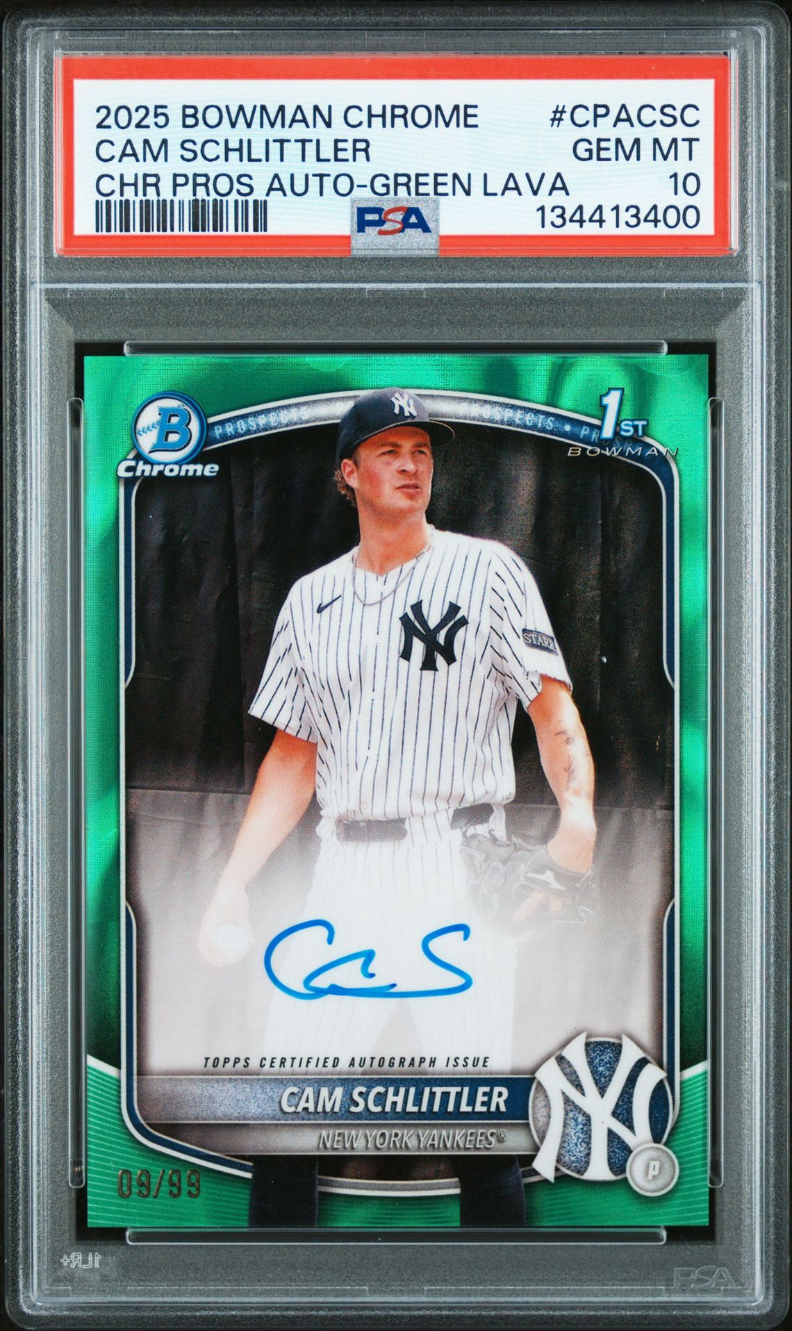 2025 Bowman Chrome Prospect Autographs Cam Schlittler #Cpacsc (Chr Pros Auto-Green Lava) Gem Mt 10 front