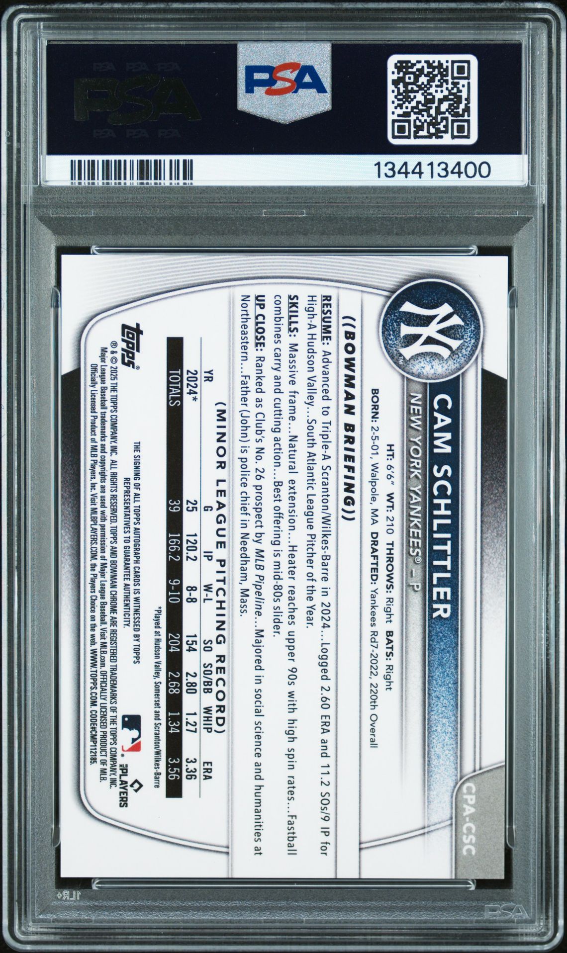 2025 Bowman Chrome Prospect Autographs Cam Schlittler #Cpacsc (Chr Pros Auto-Green Lava) Gem Mt 10 back