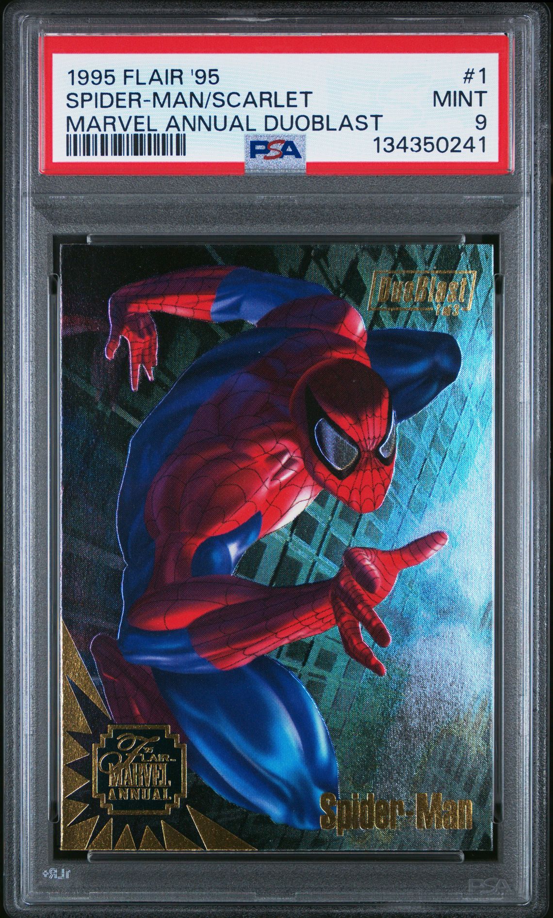 1995 Flair '95 Marvel Annual Duoblast Spider-Man/Scarlet #1 (Marvel Annual Duoblast) Mint 9 front