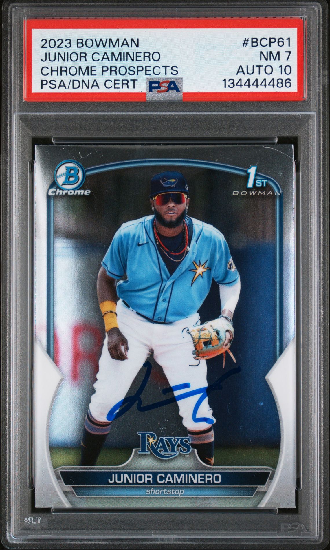 2023 Bowman BOWMAN CHROME PROSPECTS CHROME PROSPECTSCertificationPrimary Signer (1 Signer)JUNIOR CAMINERO #BCP61 Junior Caminero front