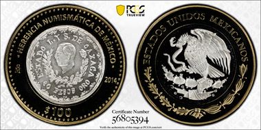 2014-Mo 100 P Oaxaca Revolution 1916 Numismatic Heritage PL70