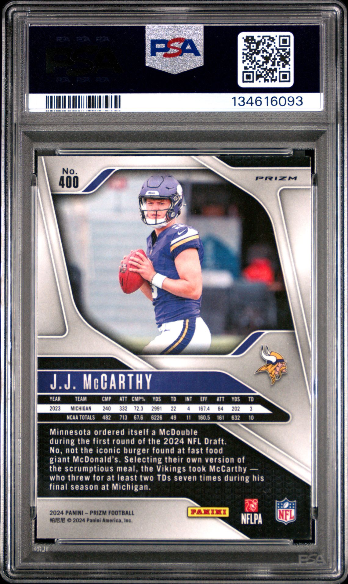 2024 Panini Prizm Jj Mccarthy #400 (Lazer Prizm) Mint 9 back