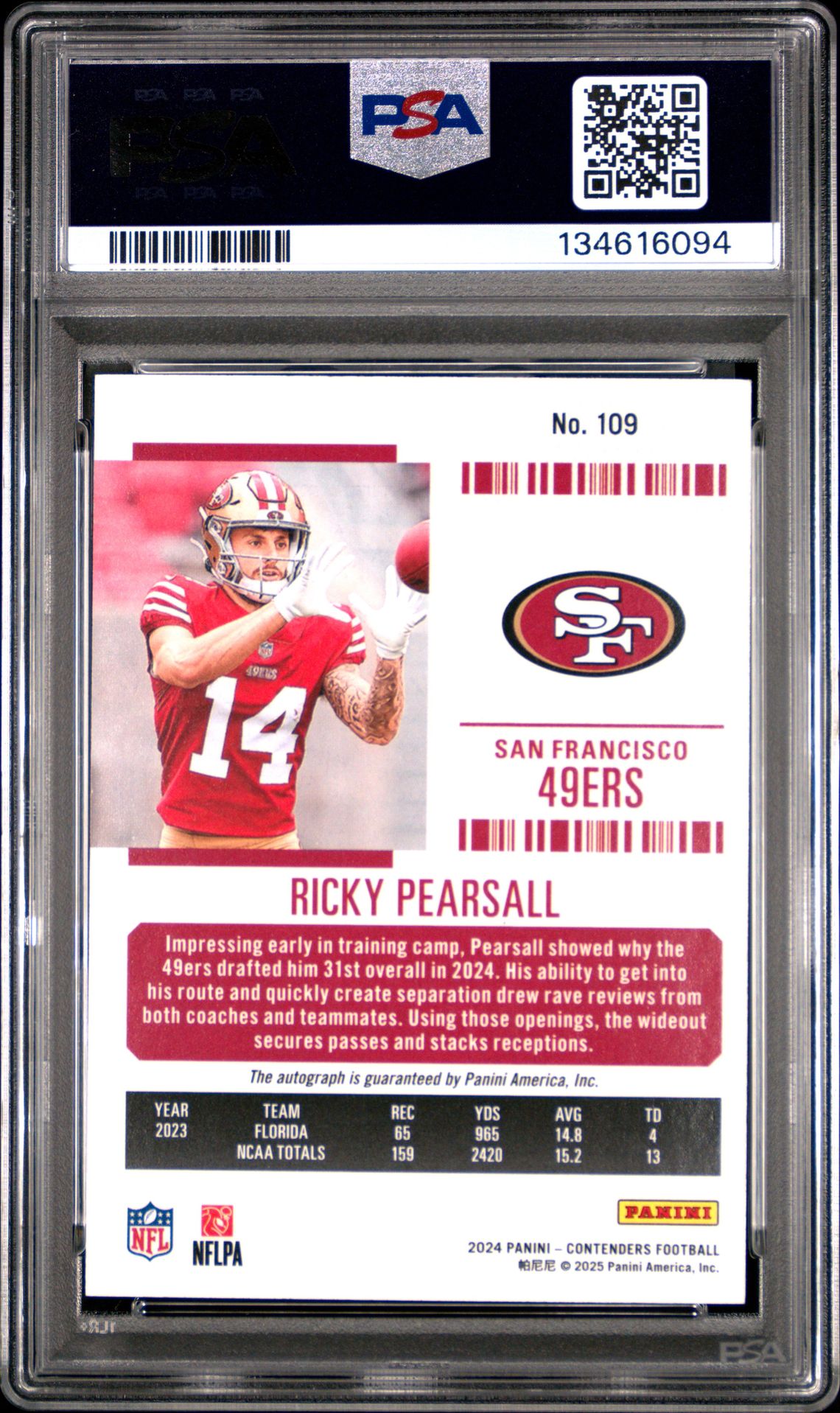 2024 Panini Contenders Ricky Pearsall #109 (Autograph) Gem Mt 10 back