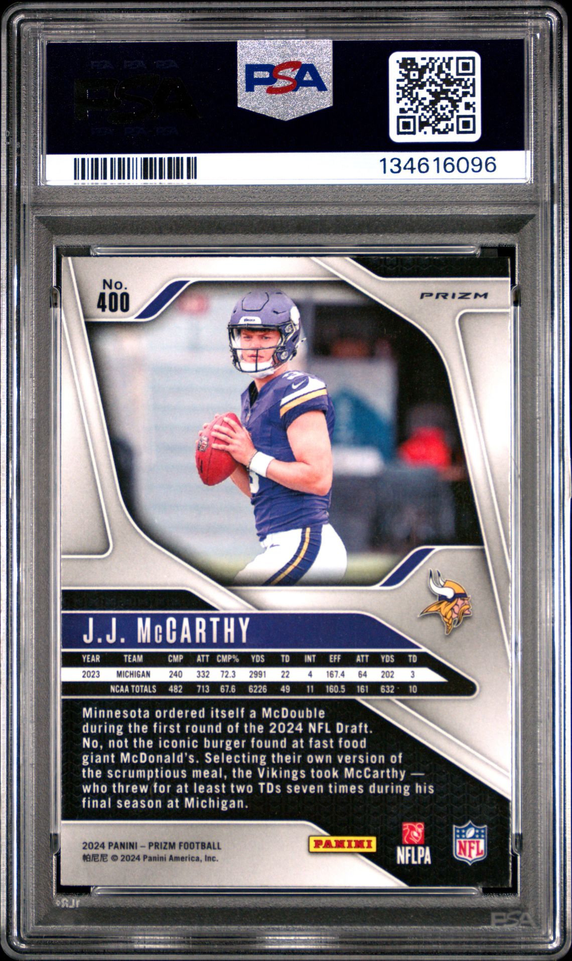 2024 Panini Prizm Jj Mccarthy #400 (Lazer Prizm) Gem Mt 10 back